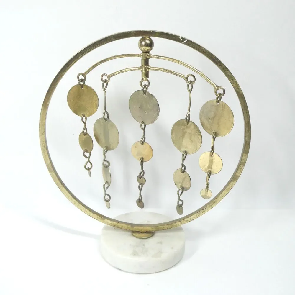 Tabletop Windchime Vintage Goldtone Metal Circles Marble Base Wind Chime